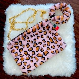 Furry Clutch w Wrist Band & Gold Chain Strap